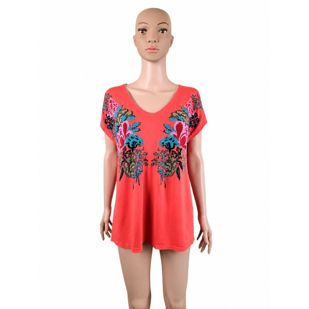 Aldomartins Barcelona Floral Bamboo Blend Knit Top Women M Coral V-Neck Metallic